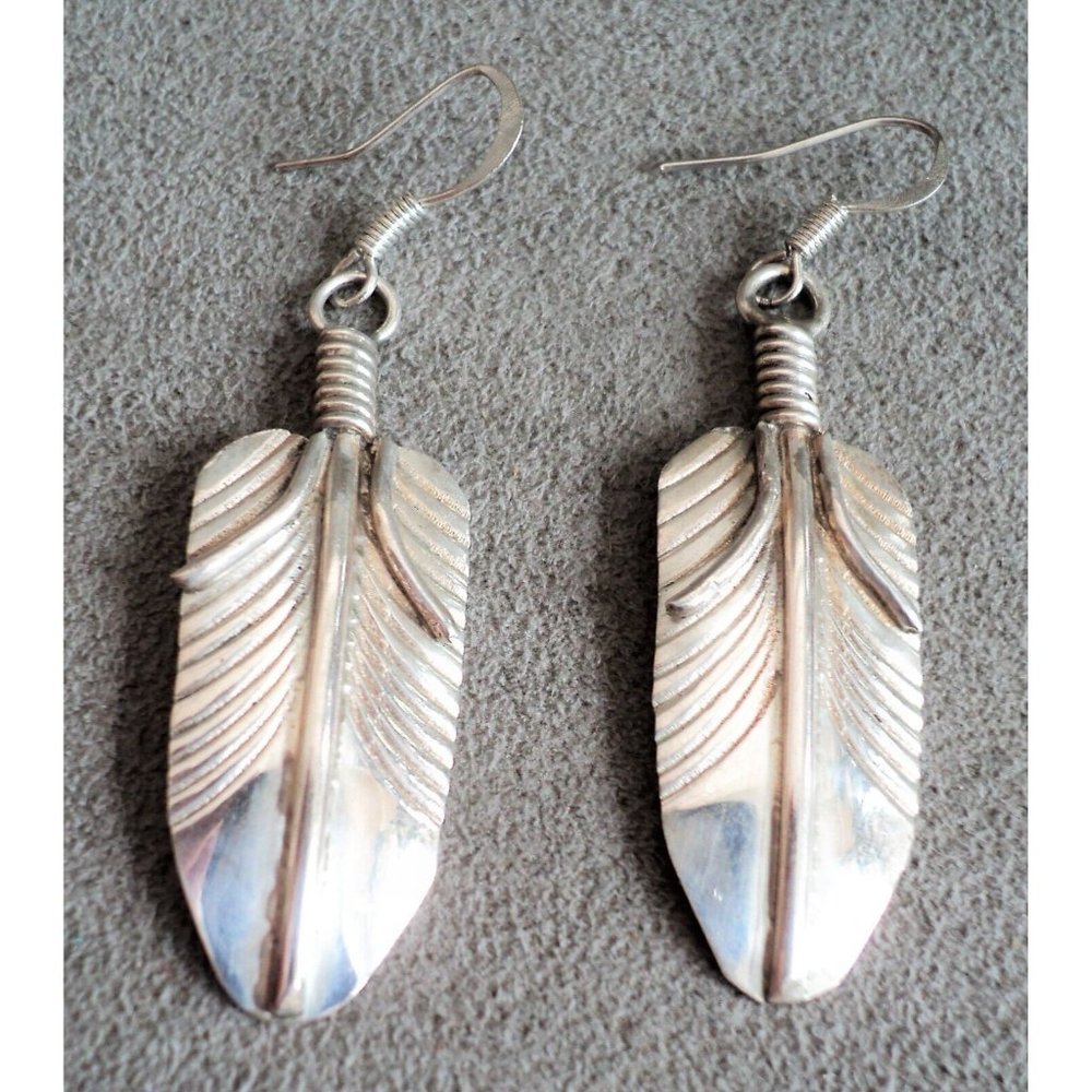 Vintage Signed STERLING Silver Dangle FEATHER EARRINGS "V" Native American - 2"